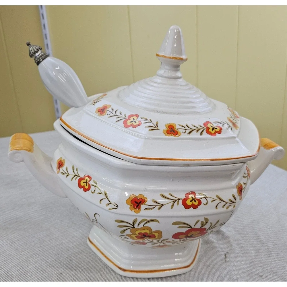 National Silver Co Vintage Ceramic Soup Tureen Lid Godinger Ladle Japan Floral